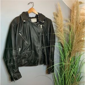 NWOT Free People We The Free Vegan Hooded Leather Jacket Distressed Black Medium